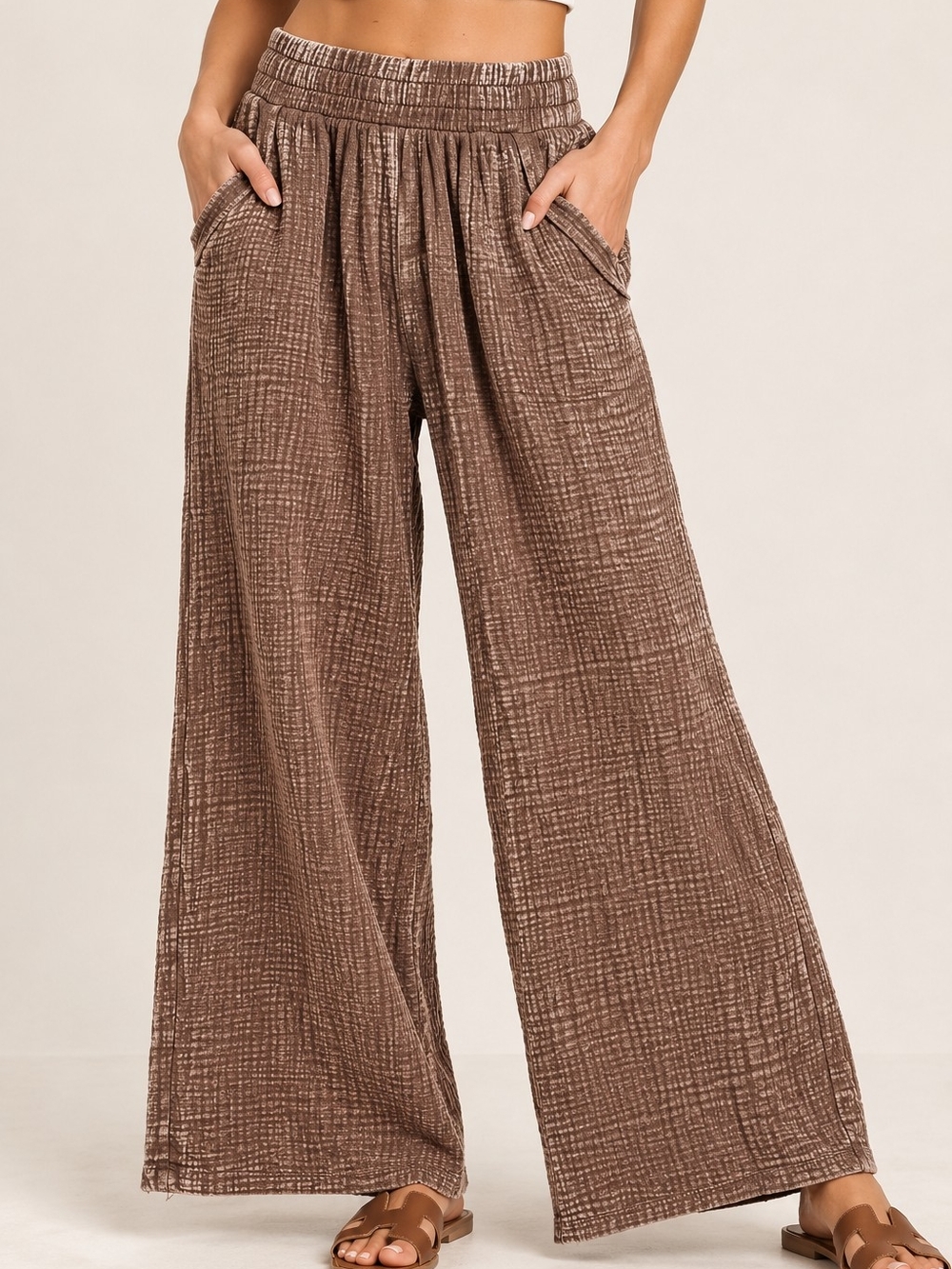 Zenana Signature Wide Leg Pants Brown Cotton Gauze QPW-7138